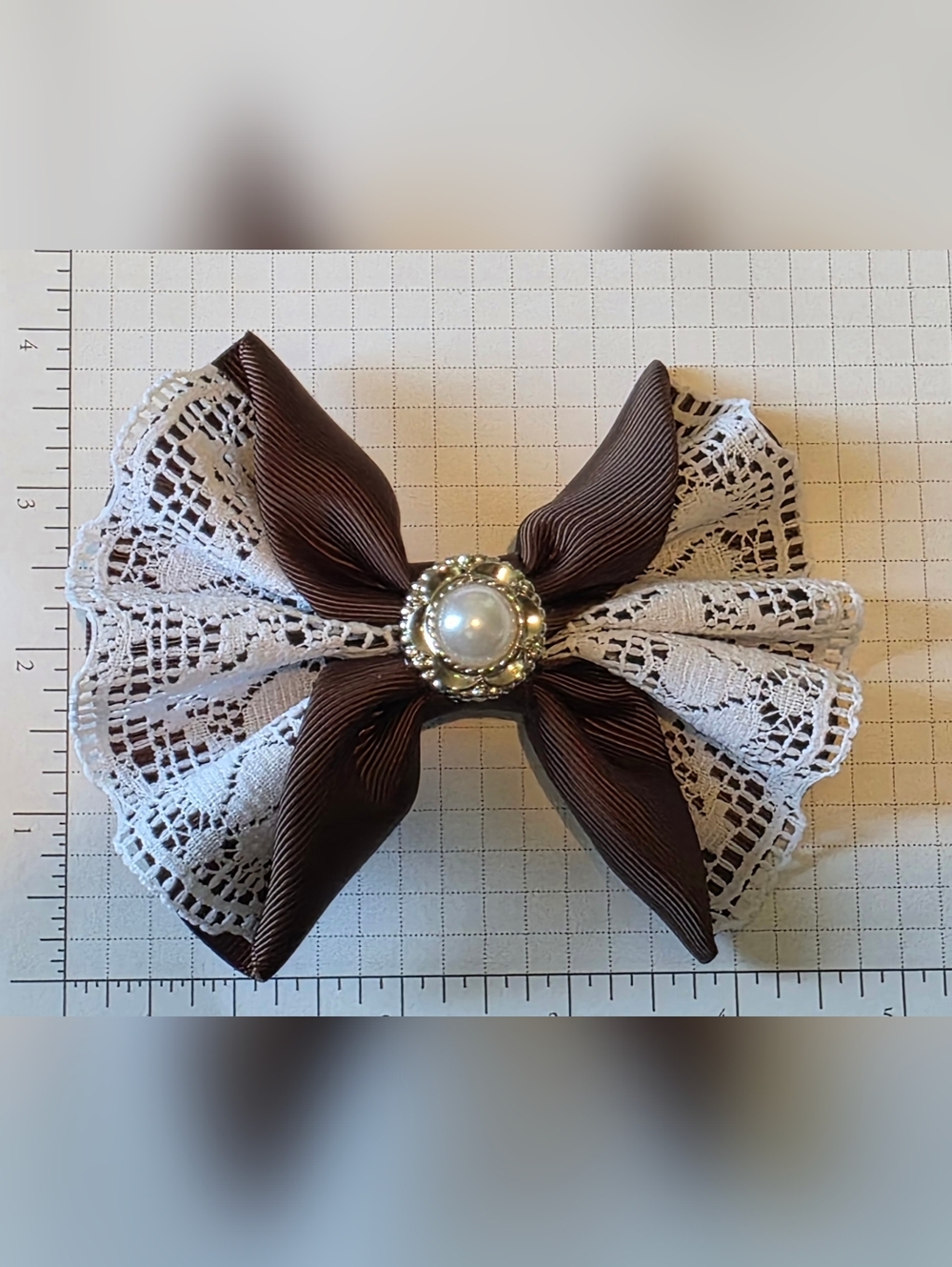 Brown Ribbon Bow With Lace Hair Clip with Pearl Bling Center